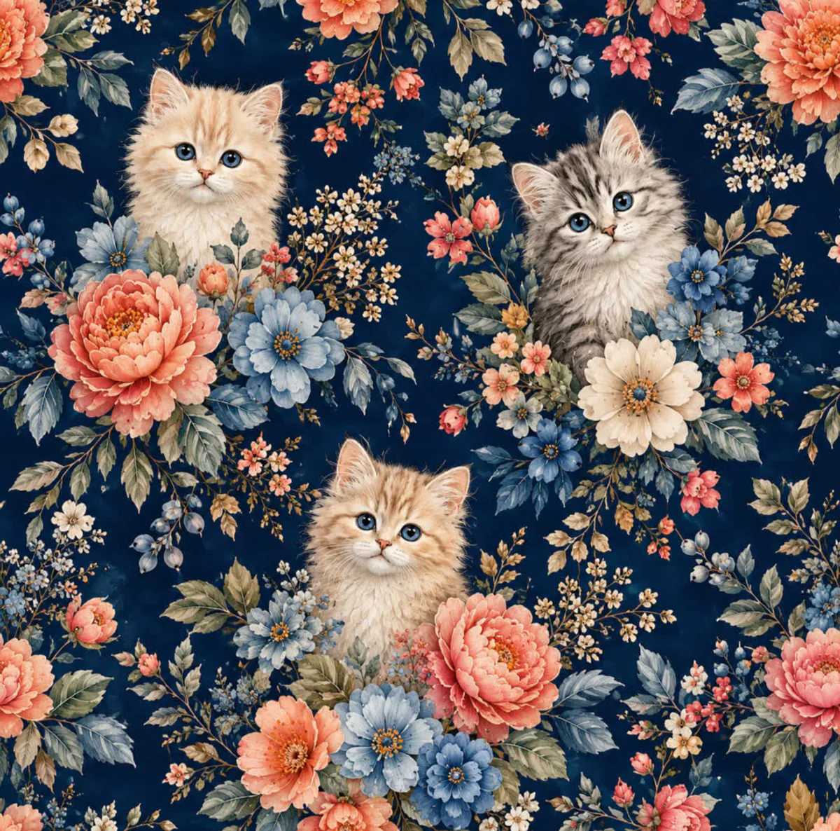 Søte pusekatter og blomster - Jersey - Metervare